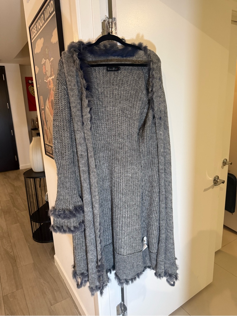 Cozy Gray Faux-Fur Trim Open-Front Cardigan